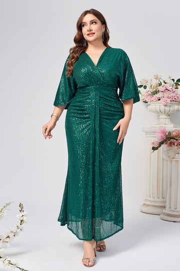 Robe longue mère de la mariée sirène vert foncé scintillante avec manches
